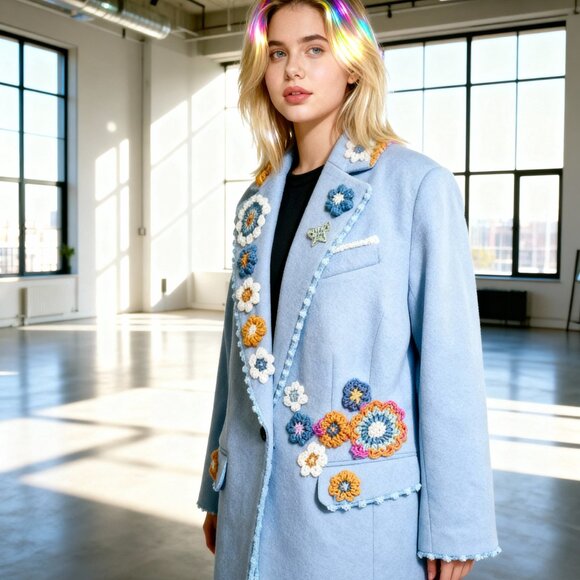 Upcycle Light Blue Coat with Crochet Flowers and Pearl Beads Size 16 - Picture 1 of 11